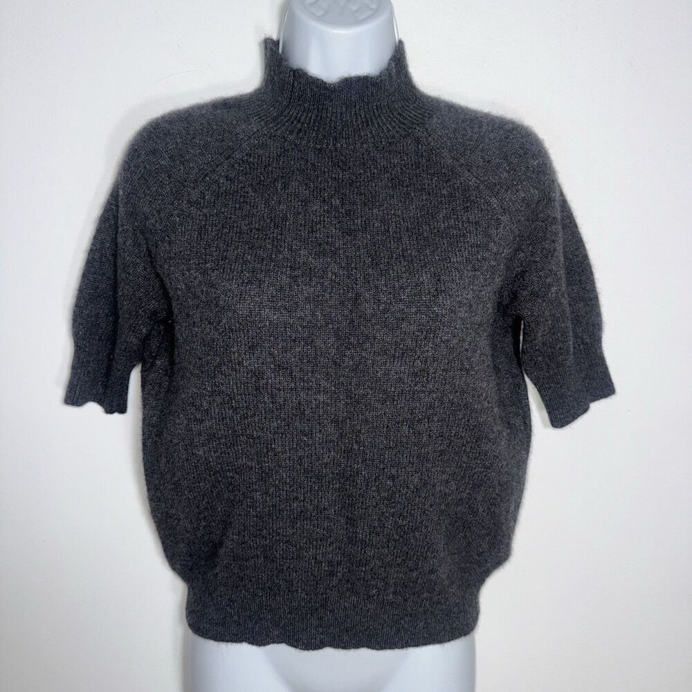 Saks Fifth Avenue Short Sleeve Sweater Women Medium Grey Cashmere Mock Neck